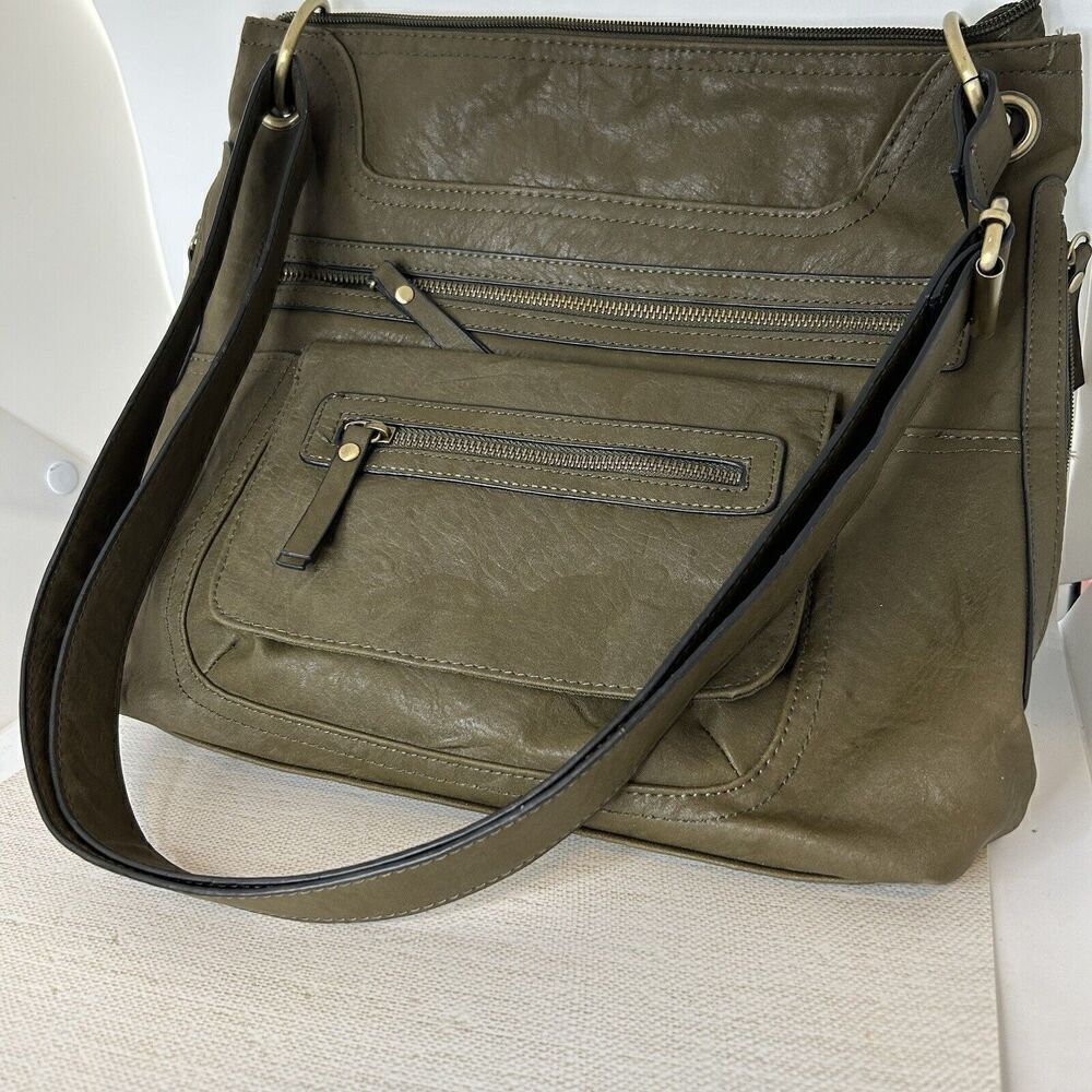 Bueno Multi Pocket  Zippered Purse Shoulder Bag Olive Green - Picture 2 of 8